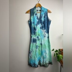 Donna Morgan Fairy Elf Vtg 90s Y2K Tie die 100% Linen Mid Dress Boho fit flare 4